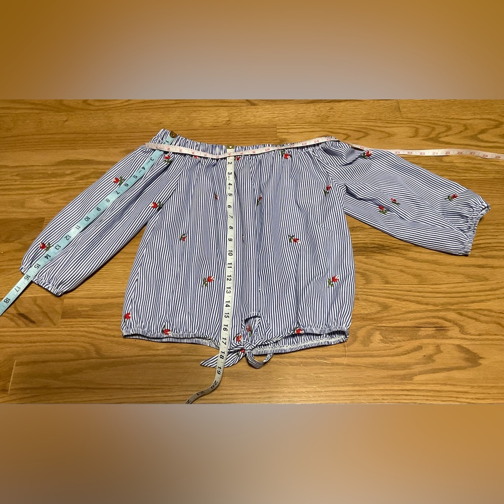 Women’s Kontrol Striped Off Shoulder Crop Blouse w/Floral Embroidery Tie Front - Picture 6 of 6
